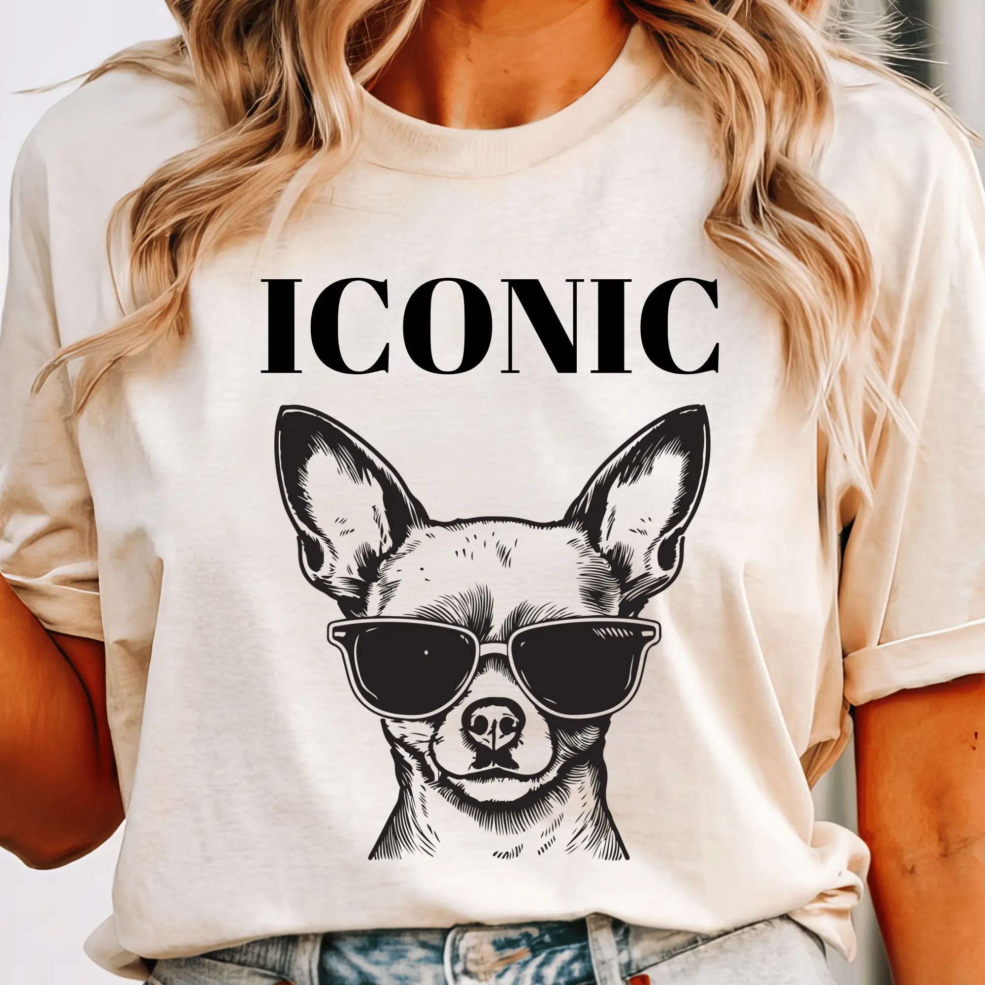 Iconic Chihuahua Shirt, Graphic Short Sleeve Printed Tee, Women’s Tops, Casual, Statement T-Shirts, Soft Cotton Fabric, Crewneck, Oversized