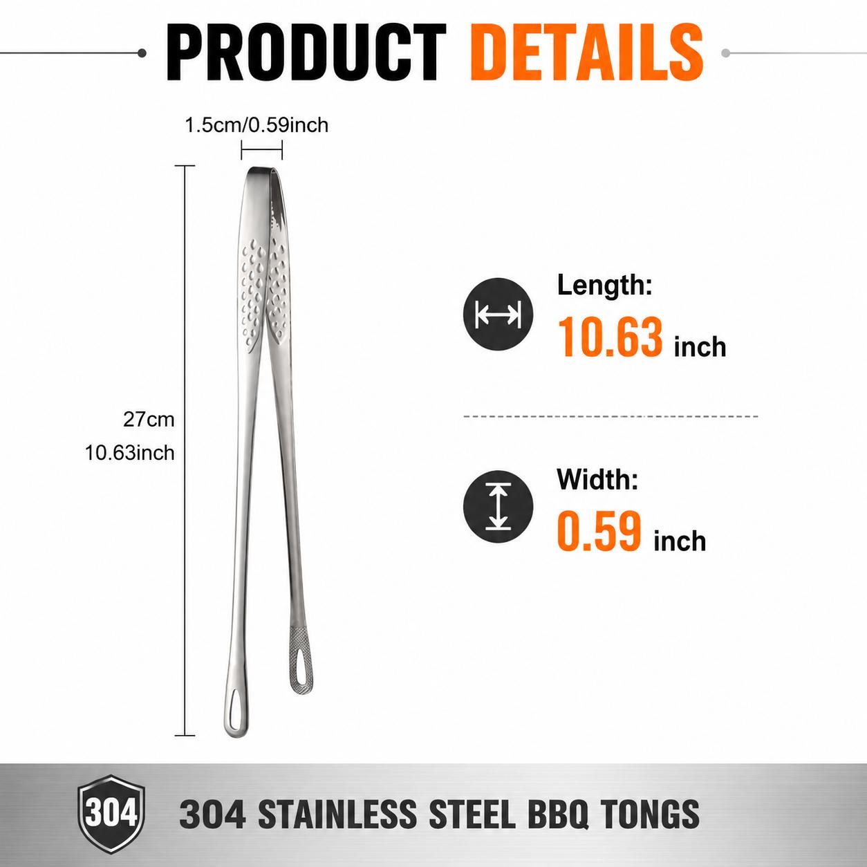 Premium 304 Stainless Steel BBQ Tongs, 10.6 Inch Long Handle Grill Tongs with Anti-Slip Hollow Grip Design, Food Grade Cooking Tongs for Steak, Seafood & Outdoor BBQ