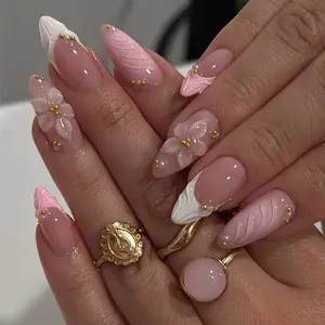 Elevate Your Style with 24pcs Medium-Long Almond French Press-On Nails with French Tip Design, Easy-to-Wear Acrylic False Nail Set with Gel Petal Design