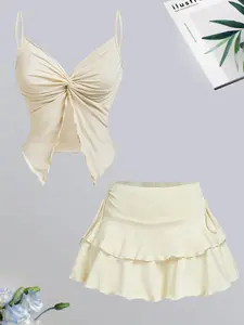 Women's Solid Ribbed Crop Top & Skirt Two-Piece Set, Casual Chic Fashion Cozy Two Piece for Daily Outdoor Wear, Ladies Clothes for Summer, Polish