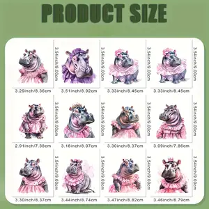 12pcs/set Whimsical Pink Hippo DIY Transfer Stickers - Washable, Vinyl Heat Transfer Design for T-Shirts, Masks, Jeans, Backpacks - Playful Hippo Illustrations with Ruffles and Bows, Hippo Accessories | Playful Design | Washable Stickers