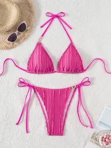 Women's Sexy Bikini Set, Plain Fitted Design, V-Neck Style, All Season Wear, Perfect for Beach & Pool, New Fashion Trends, Tie Back Bikinis