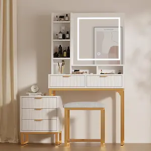 Gaomon MDF Wood Fluted Makeup Vanity Desk Set with LED Lighting Mirror, Stool, 5 Drawers, 3 Shelves, 3 Color Modes & Adjustable Brightness for Bedroom