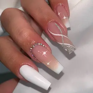 Bling Rhinestone Decor Glittering Fake Nails with Nail File & Tape, 24pcs Long Square False Nails for Women & Girls DIY Nail Art, Effortless Press on Nails Manicure Set, Glitter Decorative Nails