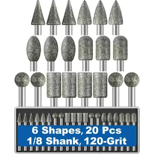 20 count 120-Grit   Bit 1/8" Shank Compatible with Dremel Rotary Tool Attachment Accessories Grinding Burrs for Stone Glass  Porcelain Ceramic Quartz  Steel Carve Engrave Polish