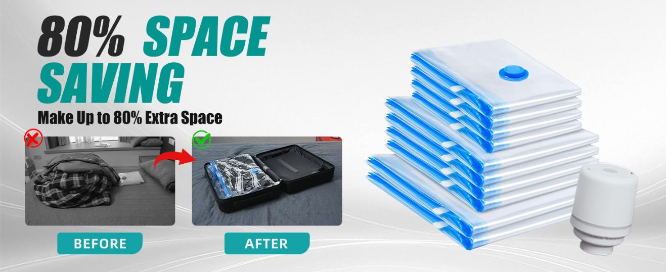 Vacuum Storage Bags 6-Pack Space-Saving Clothing Compression Bags Blue & White Nylon 2 Medium 2 Large 1 Extra-Large with Electric Pump Heavy-Duty Double-Zip Triple Seal Valve Organiser for Wardrobes Closets Garages Basements blade stand door hangers