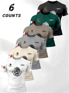 6 Piece Set Men's Short Sleeve T-Shirts with Mexican Flag Print, Loose-Fitting Style for Fitness Enthusiasts, Ideal for Sports and Casual Wear, Athletic T Shirt