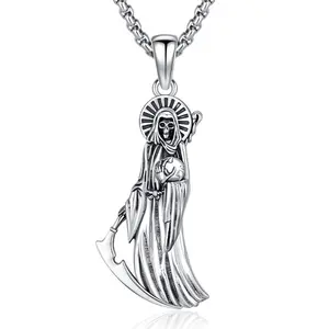 Thanches Santa Muerte Necklace 925 Sterling Silver Pendant Holy Death Goddess Amulet for Protection Sickle Jewelry for Men Women Perfect Holiday Accessory Gift Handcrafted Piece