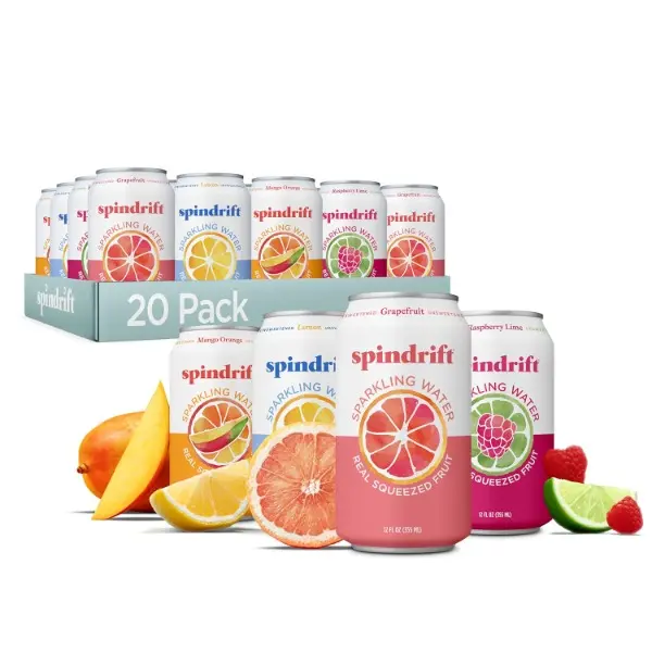 Fruit-Flavored Sparkling Beverage Variety Pack Cans - 4 Flavors (Including Lemon), Real Squeezed Fruit, Carbonated Sugar Free, Gluten-Free, Shelf-Stable, Ready-To-Drink, 12 Fl Oz (Pack of 20), Carbonated Cans, Sparkling Citrus, Gmo Free