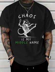 Black T-Shirt with Dancing Rat Chaos Is My Middle Name Print for Casual Wear