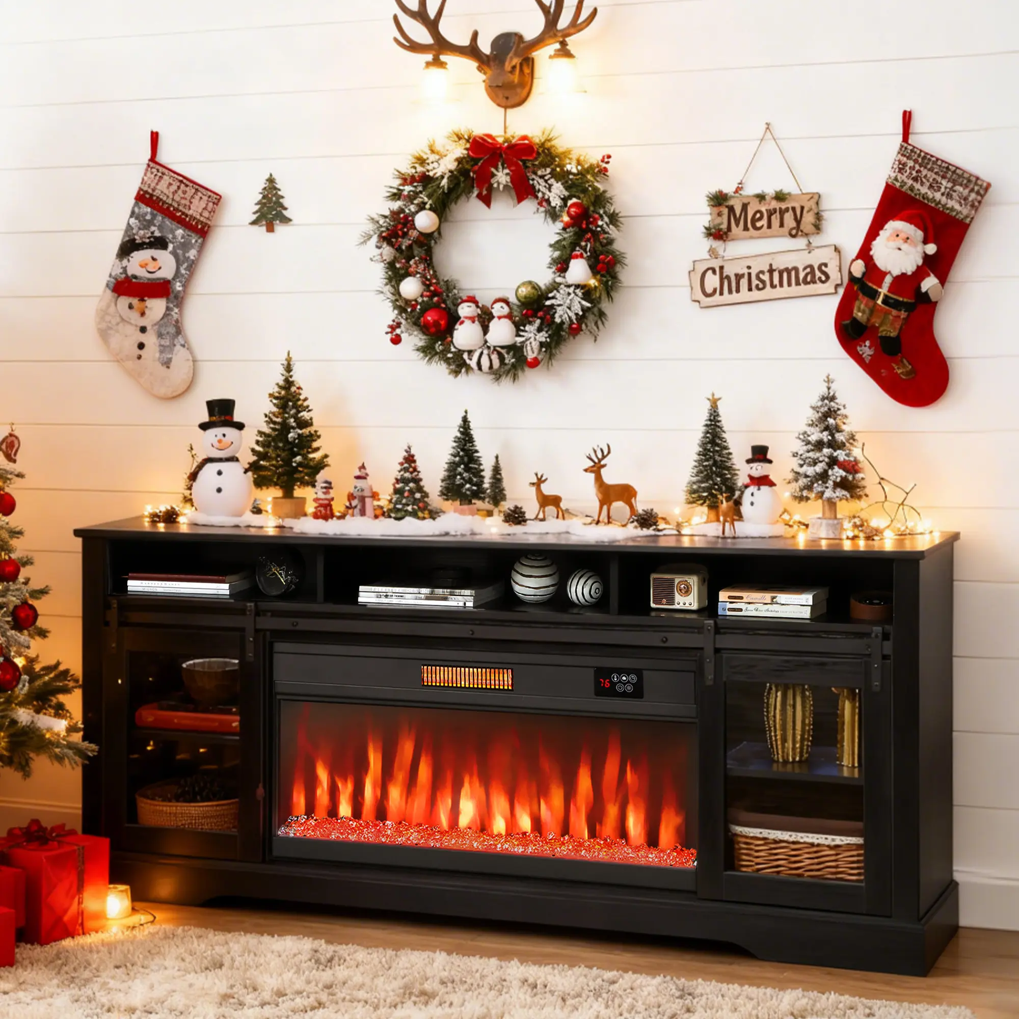 CHAIRUS 【2 Packages】Fireplace TV Stand for TVs Up to 80 Inch TV Console with Electric Fireplace Open Storage and Side Cabinets