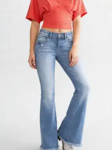 Vintage Versatile Washed Stretch Denim Mid Rise Slim Boot Cut Jeans for Women Comfortable Fit