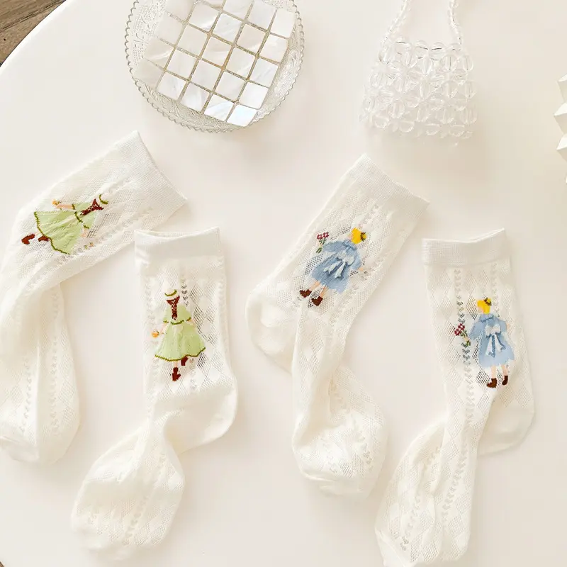 (5 pairs) Women's socks, Japanese style, cute white mesh thin cotton socks, Korean version, trendy hollow-out mid-calf socks