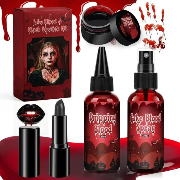 Halloween Fake Blood Makeup Kit 4PCS, Realistic Washable Fake Blood, Vampire & Zombie SFX Makeup, Black Lipstick, Cosplay Costume Accessories