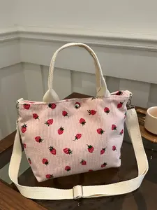 Strawberry Corduroy Crossbody Shoulder Bag, Cute Japanese Strawberry Print Handbag, Adjustable Strap, Lightweight, All Seasons, Student Daily Use