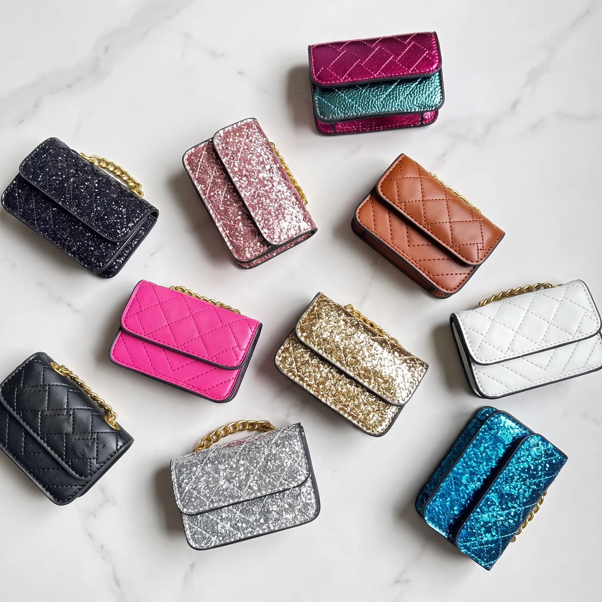 Women's Quilted Sequin Chain Wallets - Black, White, Silver, Pink, Brown, Gold, Blue, Green, Orange - Gold Chain Strap, Letter Decor, Casual Chic Crossbody Shoulder Accessory, Accessories for Women, Stylish Gift for Her