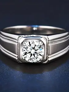 Men's Fashion Elegant Striped Side Zircon Ring, Business Style Wedding Engagement Party Jewelry Gift, Simple Design Accessory