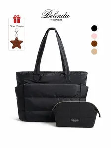 BELINDA Women's Lightweight Puffy Tote Bag with Cosmetic Pouch, Padded 14” Laptop Work Tote, Water-Resistant Multi-Pocket Shoulder Bag for Travel, Gym & Commuting