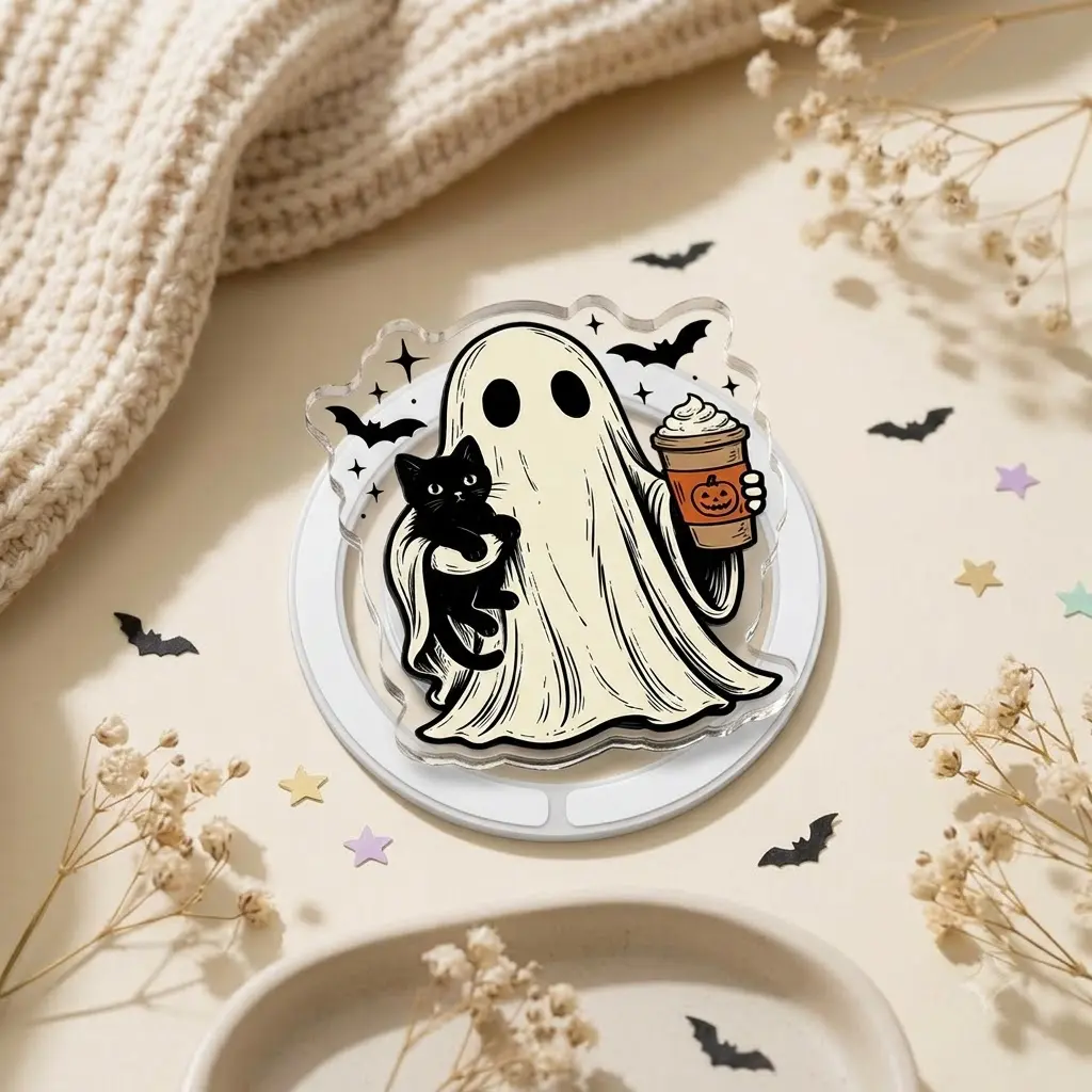 Cute Ghost Cat Coffee Phone Grip Holder, Black Cat & Coffee Halloween Design, Spooky Fall Phone Stand, Cozy Seasonal Phone Accessory