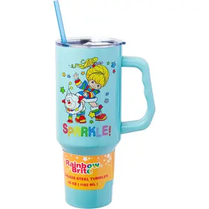 Silver Buffalo Rainbow Brite and Twink Sparkle Stainless Steel Tumbler with Handle and Straw, Fits in Standard Cup Holder, 40 Ounces