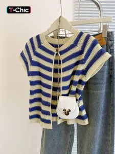 Women's Comfortable Striped Hollow Out Knit Short Sleeve Cardigan, Front Button Design, Casual Wear & Fashion Style, Knitwear, Womenswear