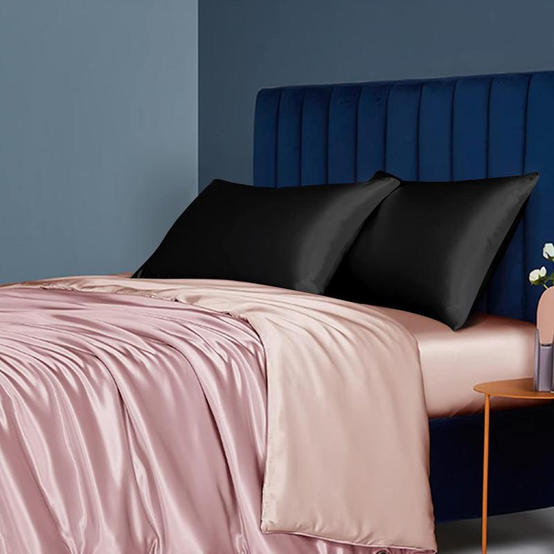 Silk Satin Pillowcases for Hair and Skin - Standard 2 Pack Luxurious 20x26 Inches with Envelope Closure, Black Neck Pillow