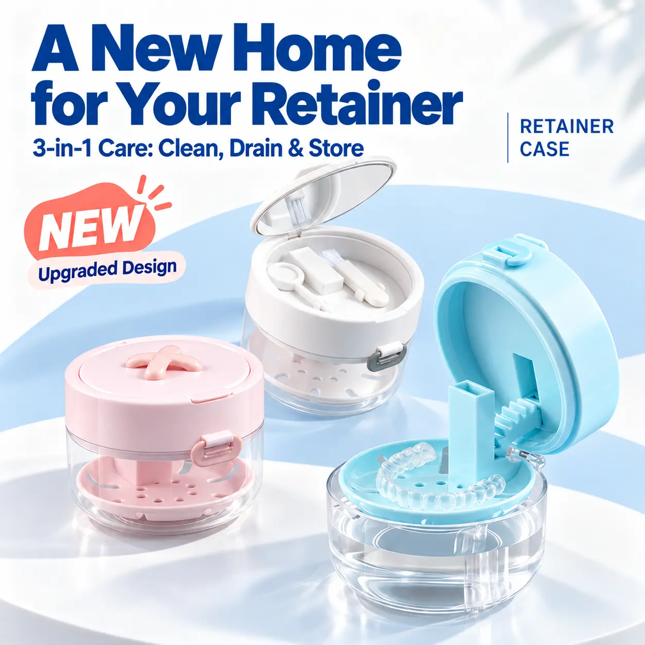 3-in-1 Portable Retainer Case with Removable Drain Basket & Cleaning Tablet Storage, Travel Box for Clear Aligners & Dentures