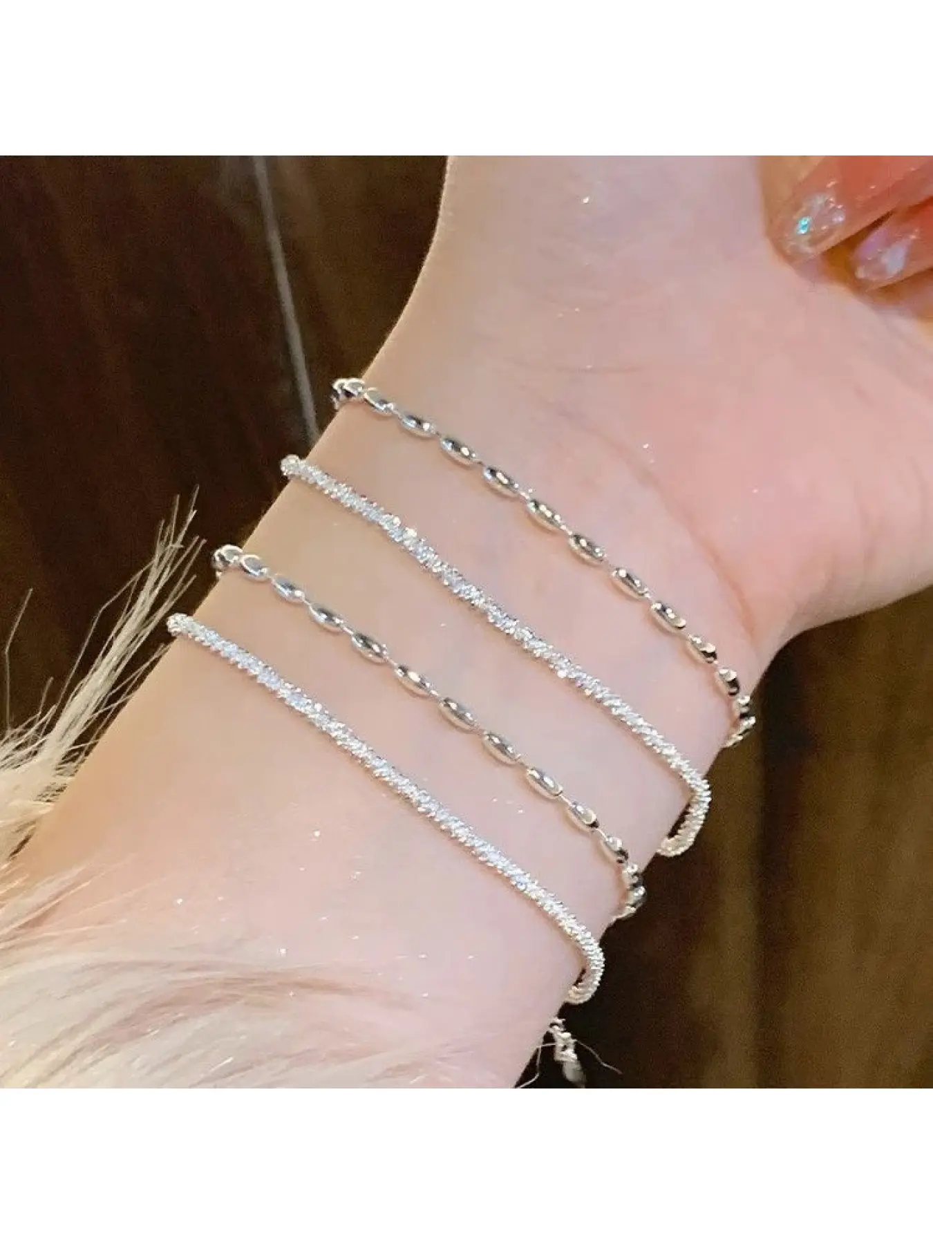 Sparkling double-layer silver bean bracelet, women's starry sky, simple Japanese and Korean style, new 925 silver plated jewelry, Double Layered Bracelets