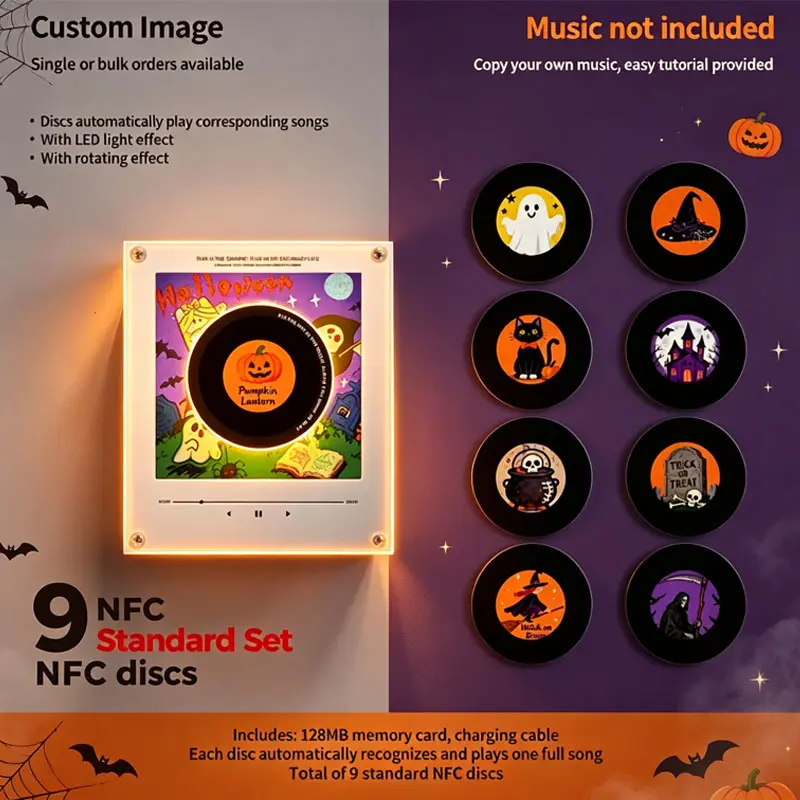 Halloween magnetic NFC music player with light effects, Christmas rotating mini vinyl record fridge magnet, 9 discs, 256MB storage, USB-C charging, a perfect gift for music lovers.