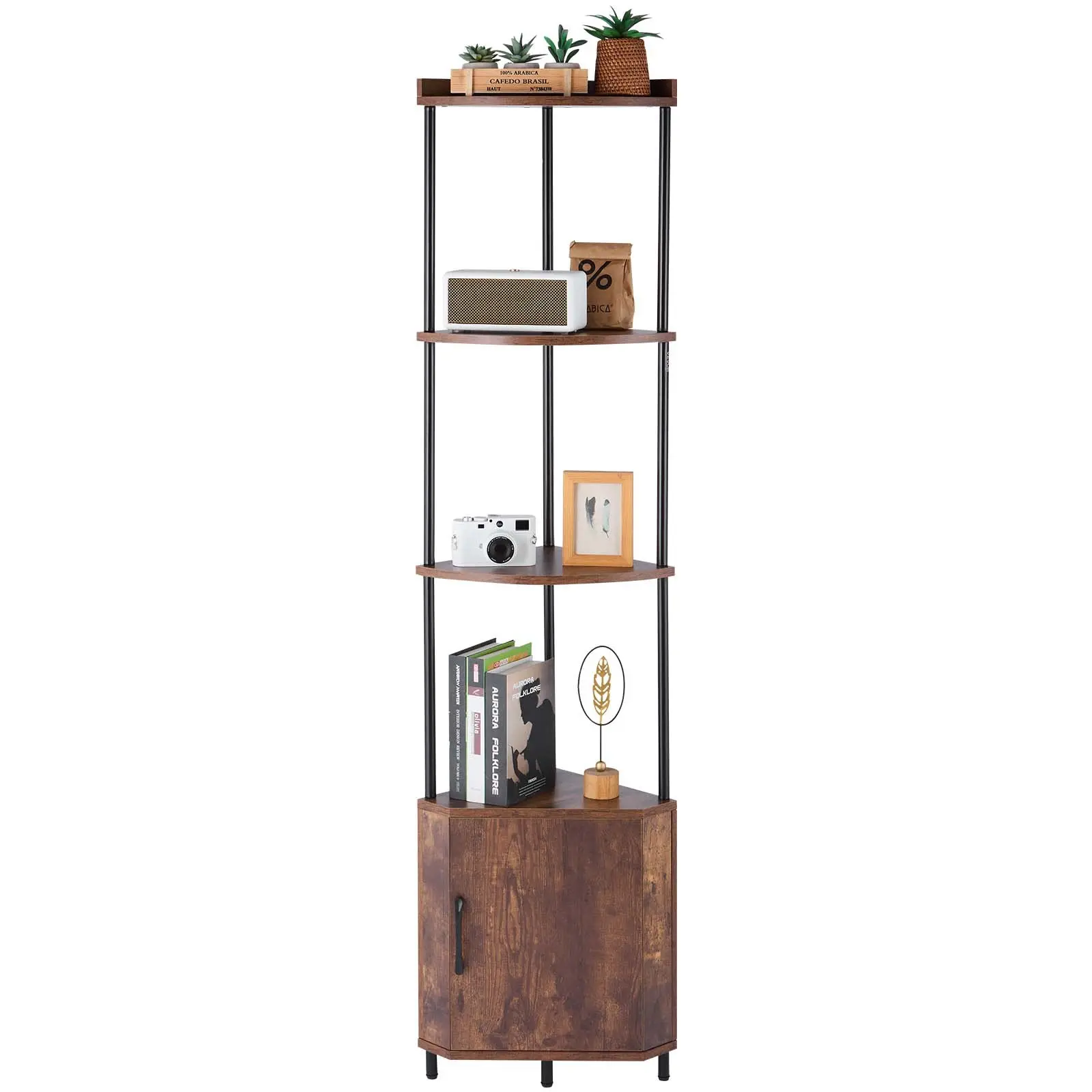 VEVOR 5-Tier MDF & Metal Adjustable Corner Shelf with LED Light, 65.4" Tall Wood Corner Bookshelf with Storage Cabinet, RC/APP-Controlled Multi-Color Light Display Shelf for Bedroom, Living Room, Shelves