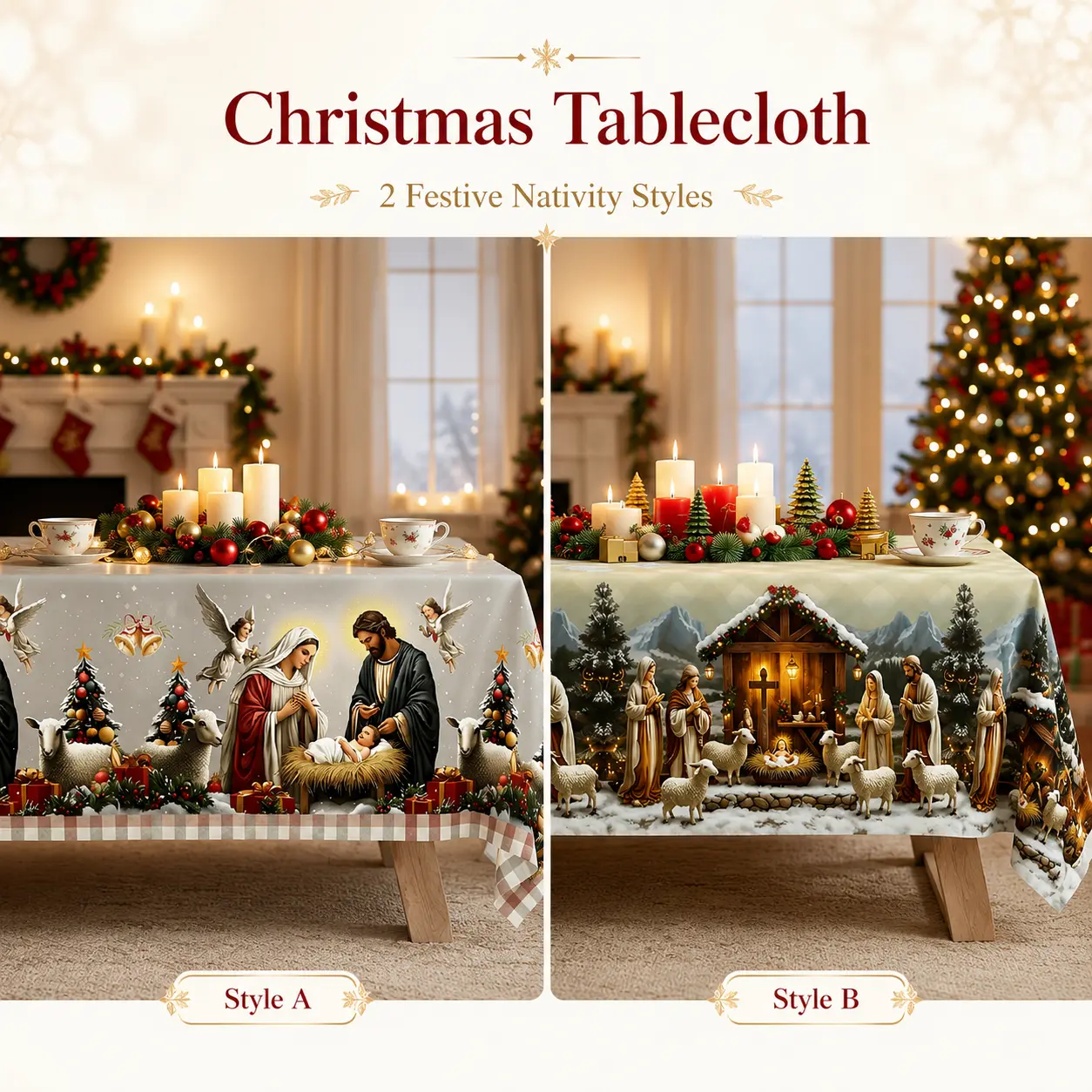 Christmas nativity tablecloth, white beige and gold, featuring Mary, Joseph, baby Jesus, angels and stars, round, rectangular and oval shapes, suitable for banquets, restaurants, parties, festivals and birthdays, polyester, washable, clearance sale