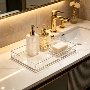 Adiison 2 Set Acrylic Bathroom Tray for Counter, Handmade Clear Trays Sturdy Organizer for Cup, Sponge, Soap, 7.87* 3.94"*0.98“inch, for Bathroom Countertop & Vanity Organizer, Wood Tray for Perfume, Skincare & Accessories Storage