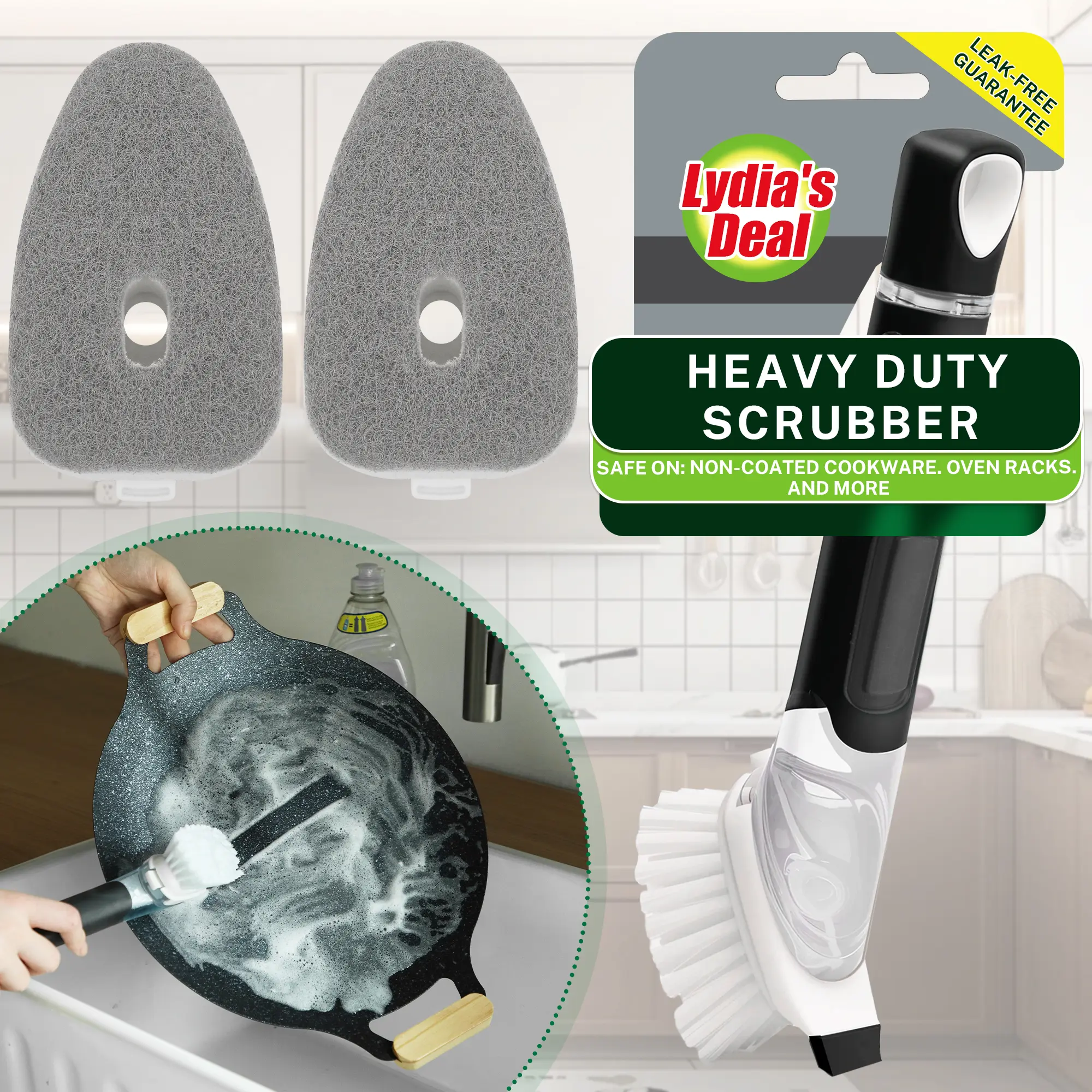 Soap Dispensing Dish Brush - Durable Household Cleaning Tool with Replaceable Sponge Heads, Scrubber and Sponges, Kitchen Cleaning Supplies