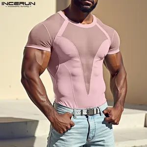 INCERUN Menswear Basic Short Sleeve T-Shirt - Polyester, Mesh Stitching, Skinny Stretch, Breathable Scoop Neck Top, Comfortable Fabric for Casual, Athleisure