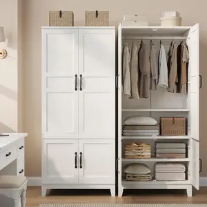 Armoire Wardrobe Closet with 4 Doors, 72" Tall Wooden Wardrobe with Hanging Rod & DIY Adjustable Shelf, Bedroom Armoire Storage Cabinet
