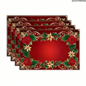 2D flat printing, 2-piece/4-piece/6-piece/8-piece set, Christmas decorative printed placemat, 12 * 18 inches, red background with rose and holly gold patterns, festive atmosphere Christmas themed placemat, Household Placemat