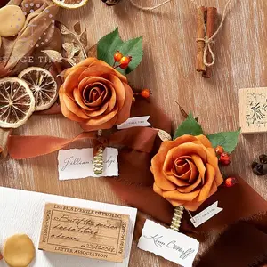 TINGE TIME Burnt Orange Rose Boutonniere for Men Wedding, Set of 2, Groom Groomsmen Boutinneers Decor for Wedding Ceremony Anniversary, Formal Dinner Homecoming and Fall Vintage Wedding