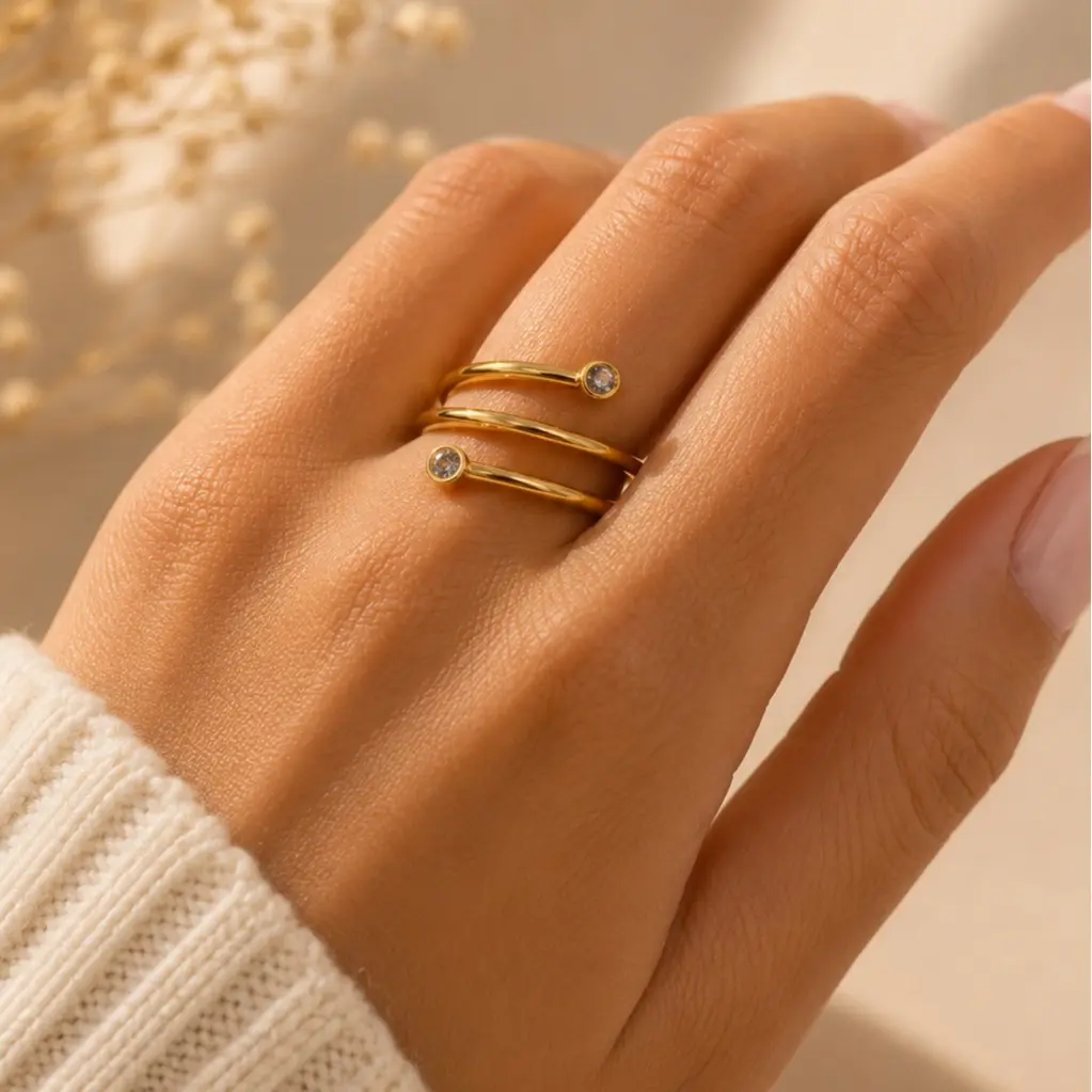 18K Gold Plated Double Wrap CZ Spiral Ring – Stainless Steel, Waterproof, Tarnish Resistant, Hypoallergenic