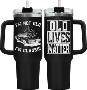 40oz Stainless Steel Insulated Tumbler Set - Classic Car Themed Water Bottle with Handle, Straw, Lid, Portable Drinkware for Father's Day Grandpa Retirement Gift (Old Lives Matter)