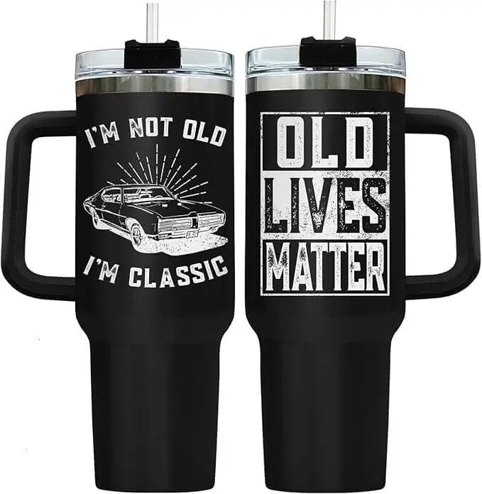 40oz Stainless Steel Insulated Tumbler Set - Classic Car Themed Water Bottle with Handle, Straw, Lid, Portable Insulation Drinkware for Father's Day, Grandpa Retirement Gift (Old Lives Matter)