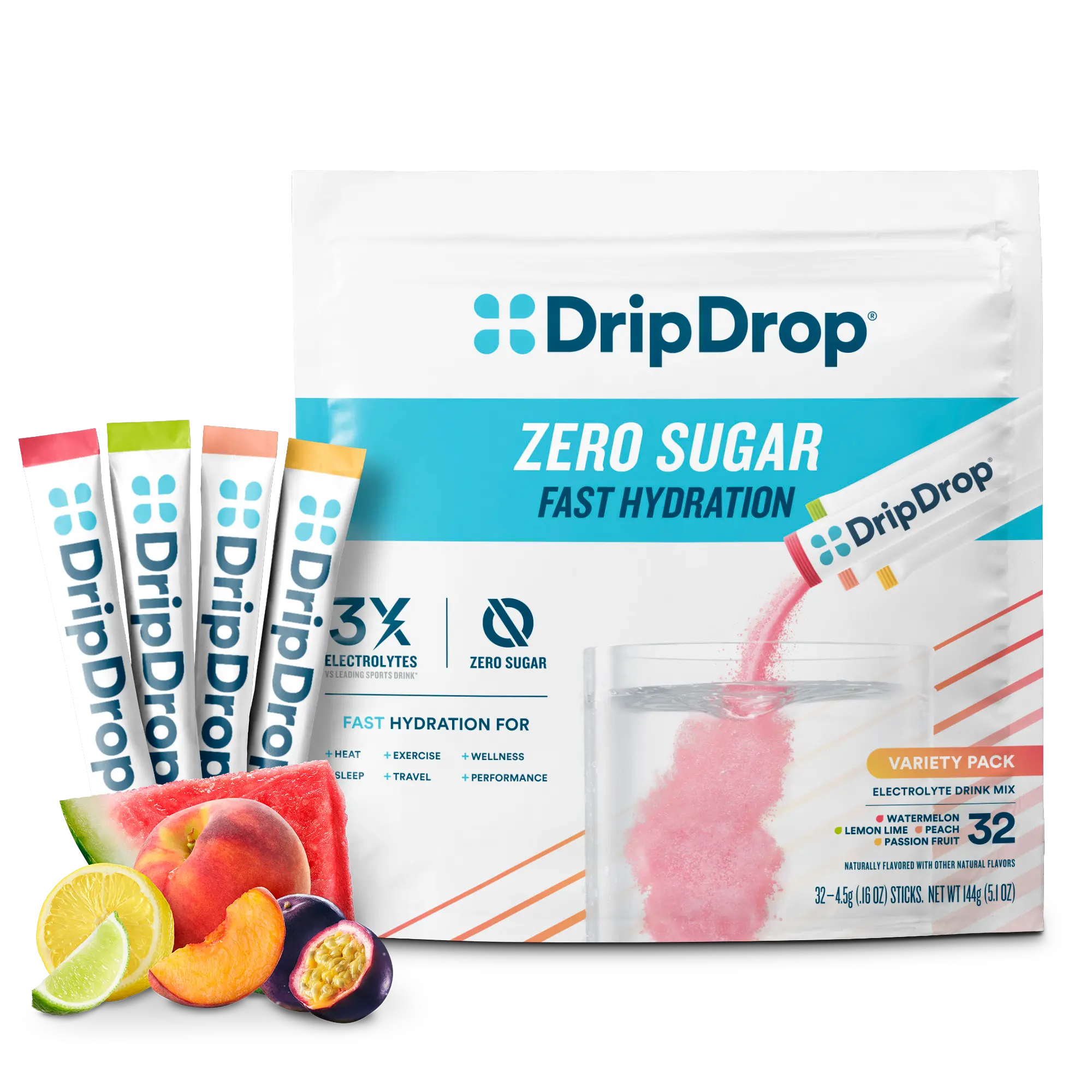 DripDrop Zero Sugar Variety Pack Electrolyte Powder, 8 oz sticks, 32 count DripDrop Zero Sugar Variety Pack Electrolyte Powder, 8 oz sticks, 32 count