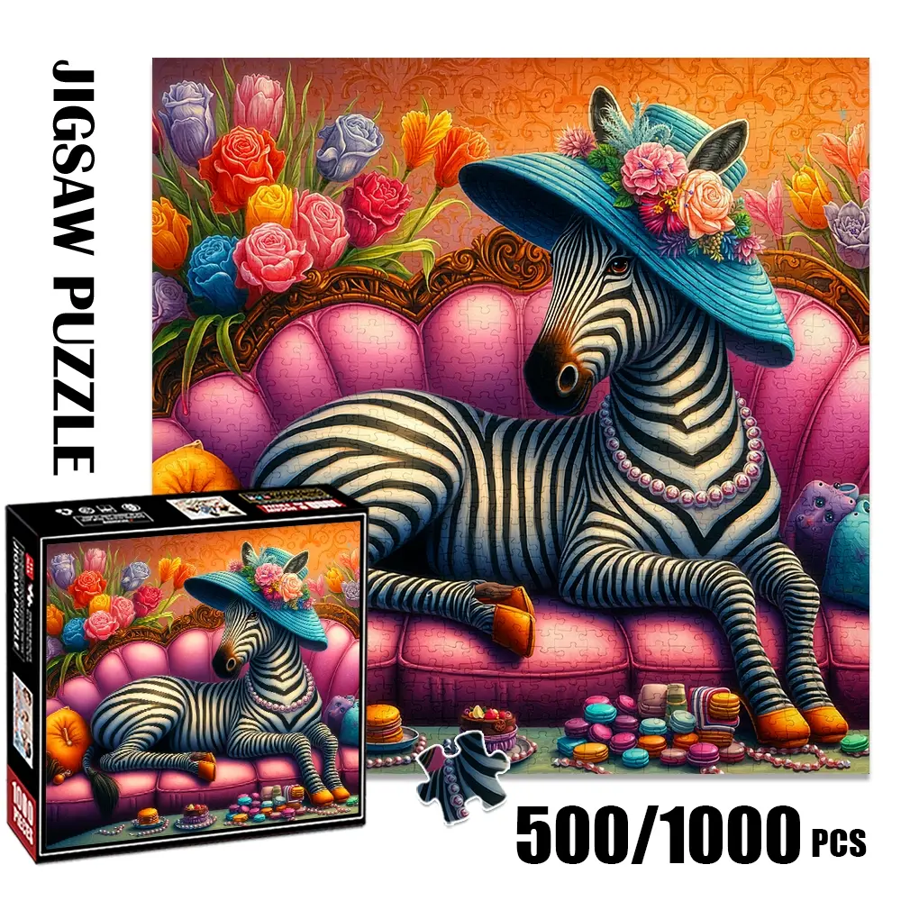 1pc 1000 piece adult puzzle 58x58cm Zebra Lying on Pink Sofa with Flower - adorned Hat and Macarons 500 pieces paper jigsaw puzzle suitable for DIY creative games for adults and families, birthday