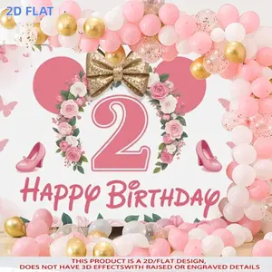 2D Flat Banner 1pc, , 2Nd Birthday Banner Pink Minnie Theme with Flowers Golden Bow Princess Shoes Decoration High - Definition Pattern Suitable for Birthday Party Living Room Bedroom Garden Decoration Photo, Photo