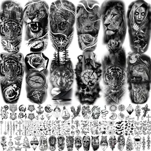 64 Sheets Large Black Arm Temporary Tattoos For Men Forearm Women Thigh, Half Sleeve Animals Lion Tiger Wolf Temp Tattoo Stickers Adults, Death Skull Compass Flower Fake Tattoos That Look Real
