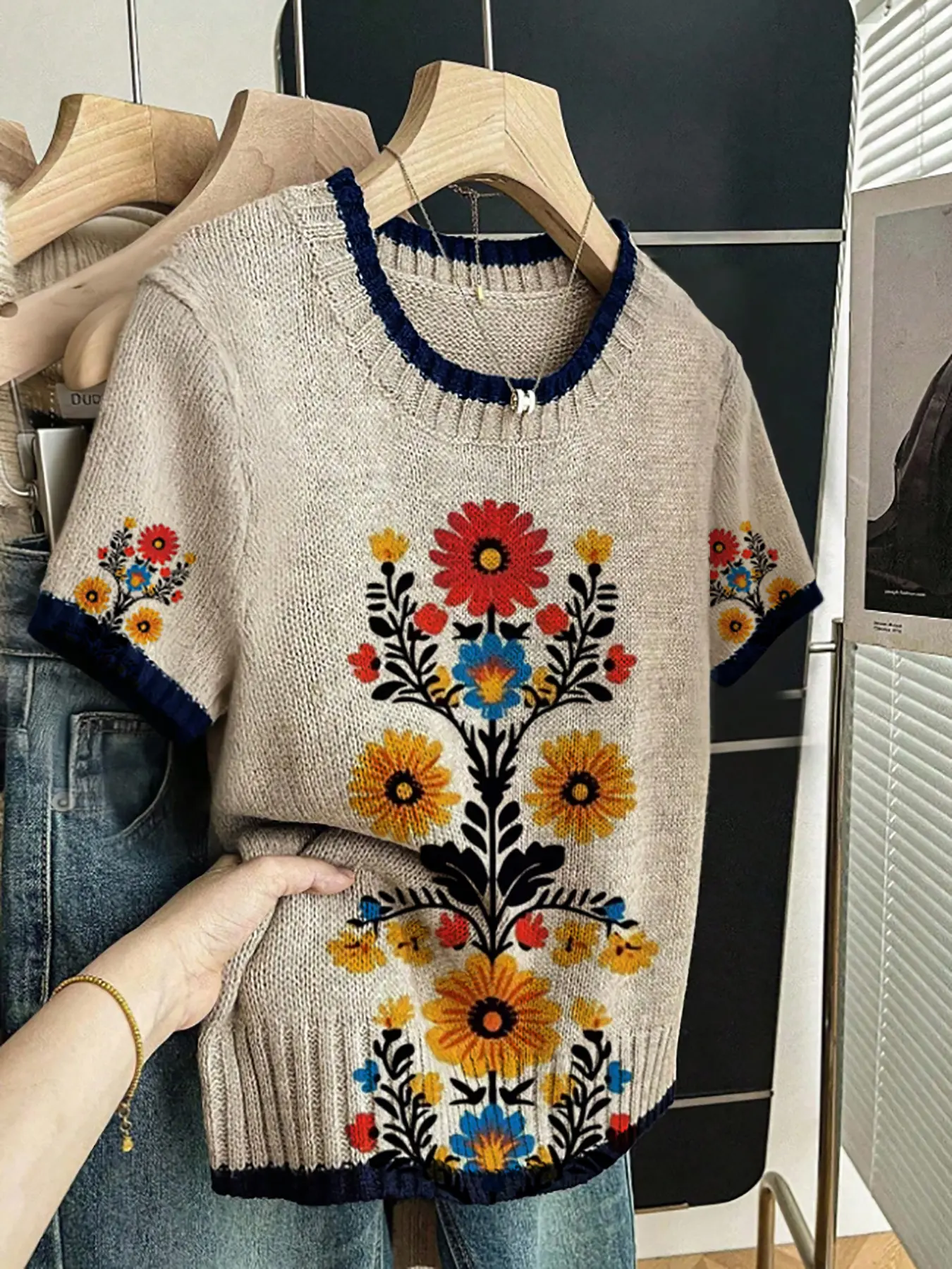 Women's Vintage Ethnic Floral Print Knit Sweater T-Shirt, Round Neck Short Sleeve, Casual Everyday Breathable Aesthetic Design, All Seasons Wear, Knitwear, Womenswear, Tops