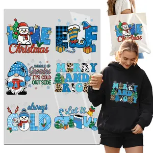 6sheet Blue Merry Chrismas Chrismas Tree DTF Transfer Iron On Transfer T-Shirt Stickers DTF transfers Ready to Press Transfers DIY for t-Shirt/Bag/Pillow/Clothing Iron on Patches