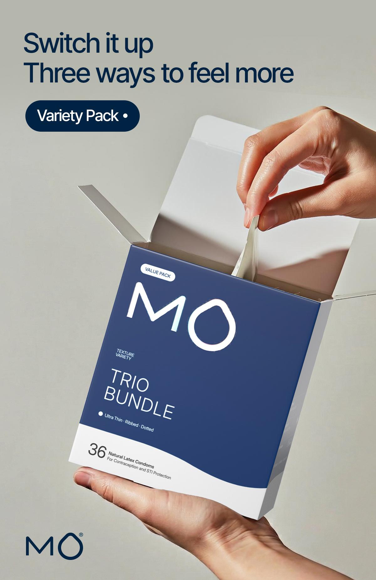 MO Trio Bundle Variety Pack, Ultra Thin + Ribbed + Dotted, Natural Latex, pH Balanced, Regualr Fit,36 Count