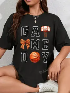 100% Cotton Unisex Coquette Basketball Bow Game Day Basketball Mom T-Shirt Casual Graphic Printed Vintage Tshirt