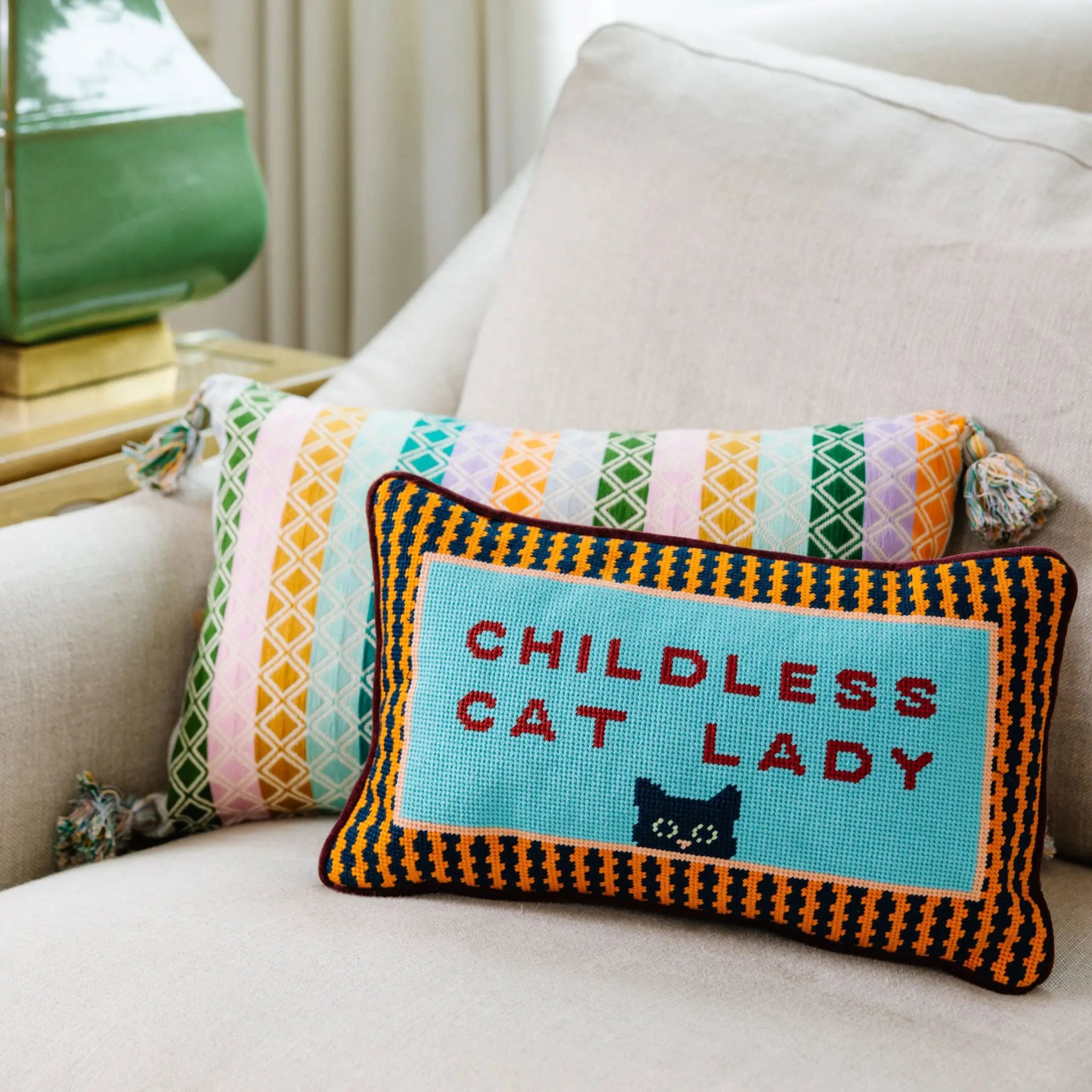 Embroidered Velvet Cushion with Handcrafted Look - Decorative Accent for Childless Cat Ladies, Living Room Room Decor Soft Furnishings Pillow, Embroidery