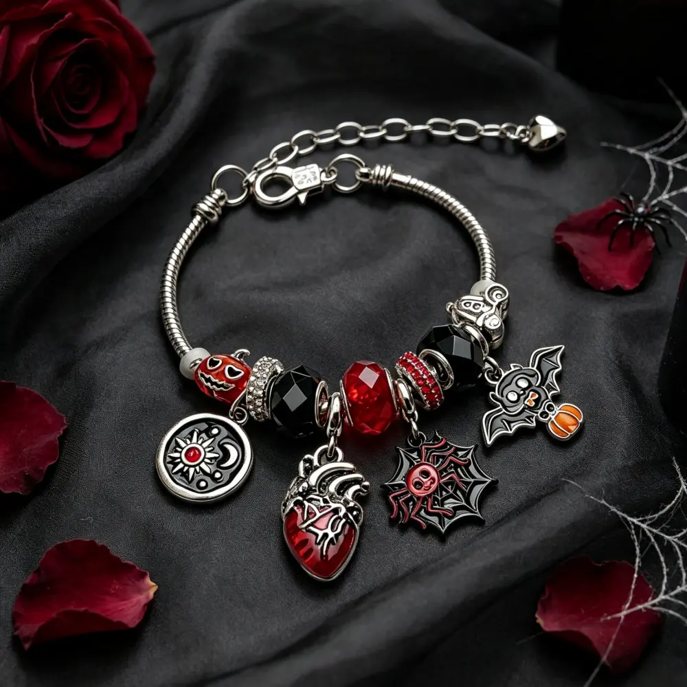 September Laurel  Halloween Gothic Charm Bracelet, Bat Spider Web Pumpkin & Heart Pendant Bracelet, Red Black Crystal Beaded Jewelry, Spooky Halloween Accessories for Women